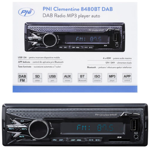 DAB si RDS Radio MP3 player auto PNI Clementine 8480BT, 4x45w, 12/24V, 1 DIN, cu SD, USB, AUX, RCA, Bluetooth, 1.5A pentru incarcare telefon, PNI-8480BT