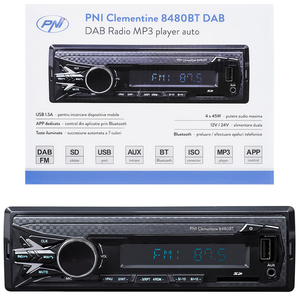 DAB si RDS Radio MP3 player auto PNI Clementine 8480BT, 4x45w, 12/24V, 1 DIN, cu SD, USB, AUX, RCA, Bluetooth, 1.5A pentru incarcare telefon, PNI-8480BT