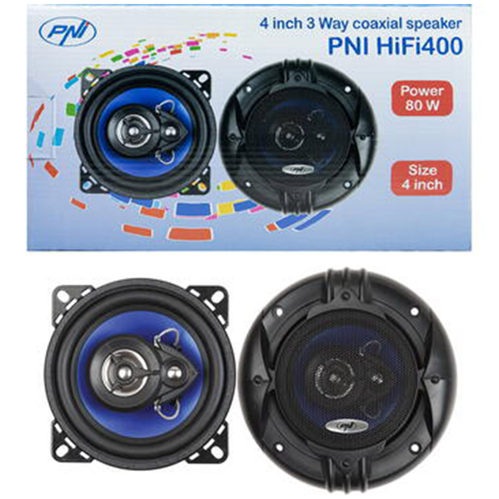 Difuzoare auto coaxiale PNI HIFI400, 80W, 4 Ohm, 10 cm, 3 cai, Injection Core cu diametru 100mm, Set 2 buc, PNI-FI400