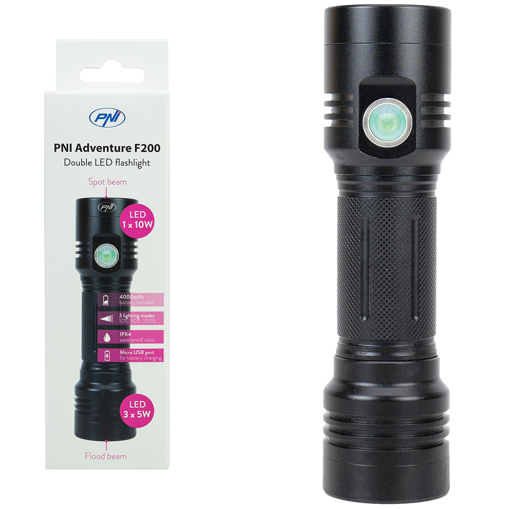 Lanterna dubla PNI Adventure F200 din aluminiu cu LED, 4000mAh, Port micro USB, 3 niveluri de putere, PNI-ADVF200