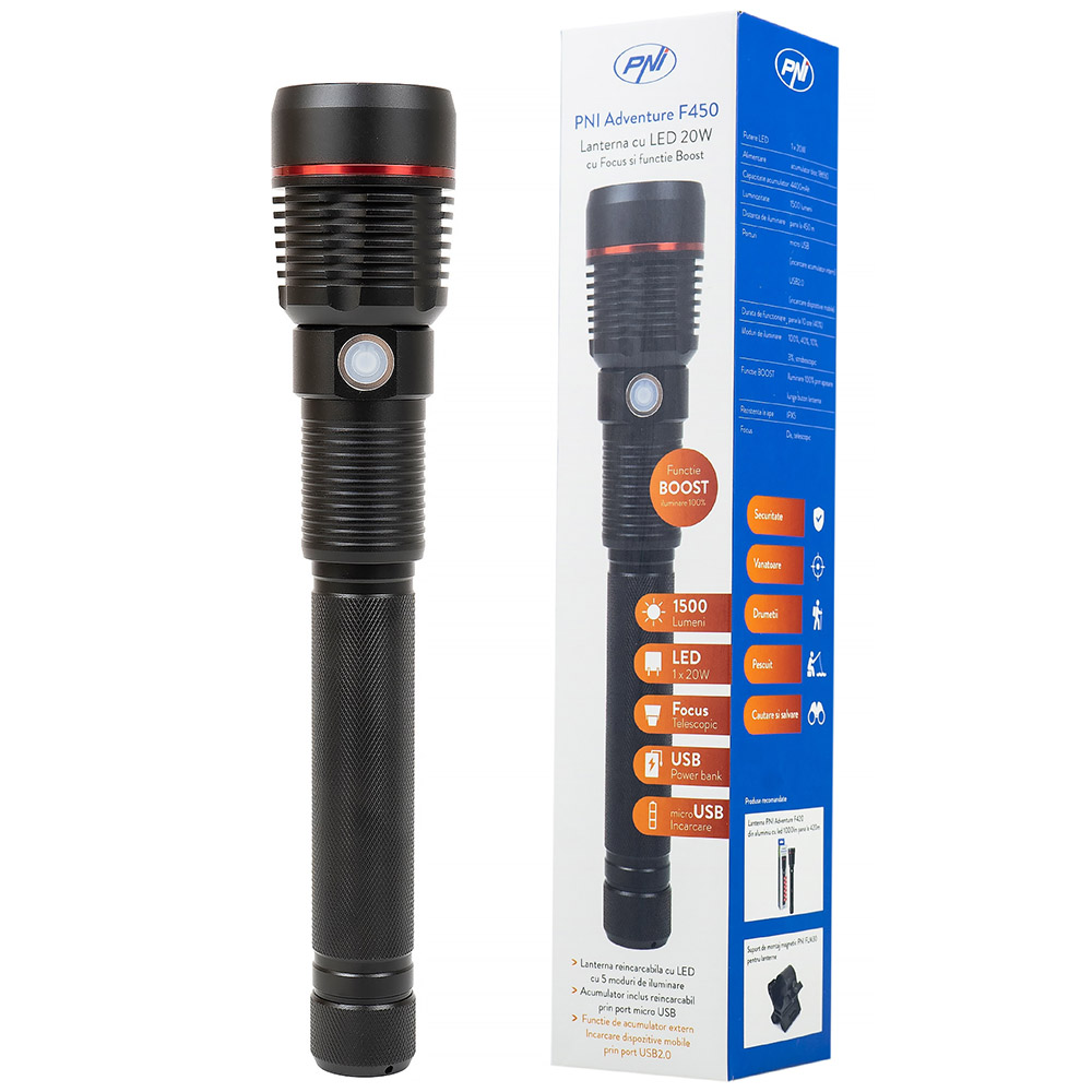 Lanterna LED cu acumulator PNI Adventure F450, 20W, 1500 lm, USB, 4400 mAh, IPX5, Aluminiu, PNI-ADVF450