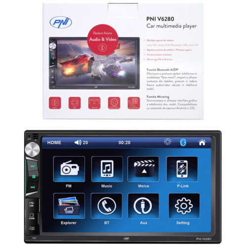 Multimedia player auto PNI-V6280, Touchscreen, Bluetooth, Mirror Link Android/iOS, USB, Slot micro SD, AUX, 2 DIN, Intrare camera marsarier