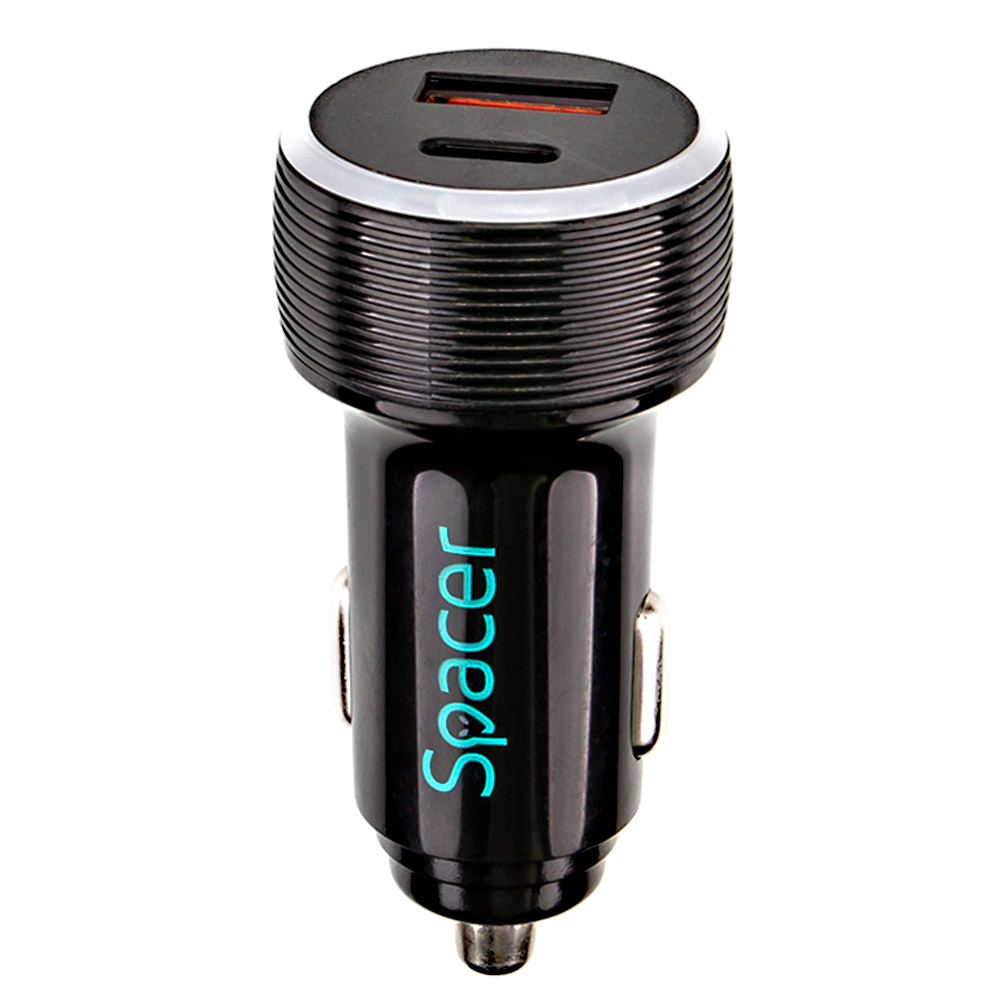 Alimentator auto Spacer Quick Charge, 17W, 3.1A, LED ambiental, USB-C, Negru, SPCC-DUOQ-01