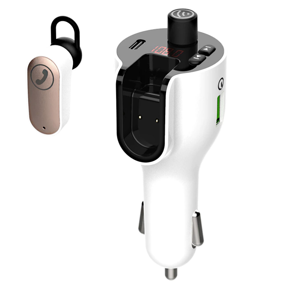 Modulator auto FM Spacer cu casca, Bluetooth 5.0, USB QC3.0, USB-C, 206 canale 87.5-108Mhz, Alb, SPFM-HS1-QC