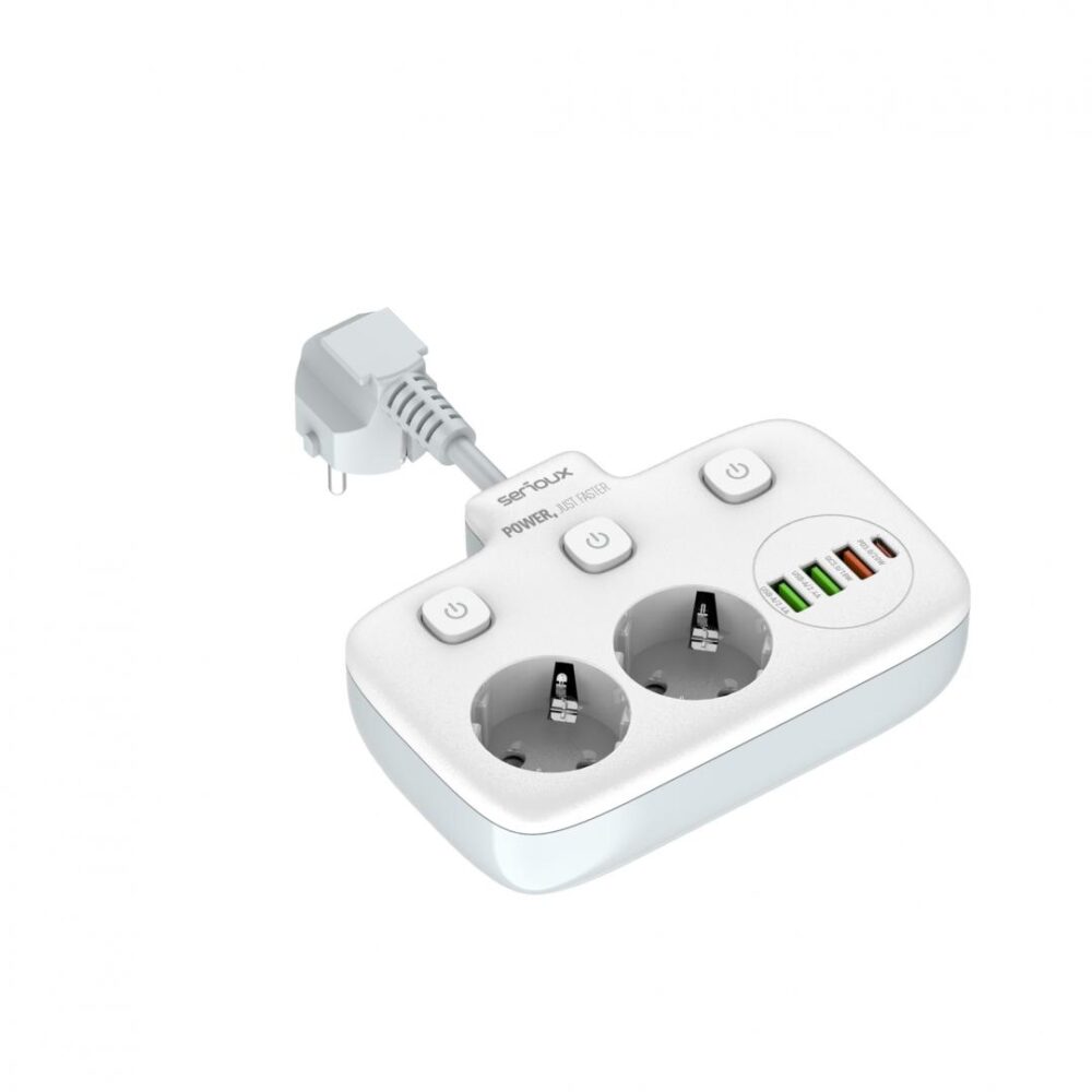 Prelungitor cu Protectie Serioux QC3.0. Parametri nominali: 2500W-10A(Max) 250V Intrare: AC100-250V 10A 50/60HZ Ieșire PD: 5V=3A 9V=2.22A 12V=1.67A 20W (MAX) Ieșire QC: 5V-3A 9V=2A 12V=1.5A 18W (MAX) Ieșire Auto-ID: 5V-2.4A 12W (MAX) Putere totală: 20W MAX
