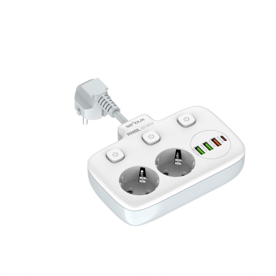 Prelungitor cu Protectie Serioux QC3.0. Parametri nominali: 2500W-10A(Max) 250V Intrare: AC100-250V 10A 50/60HZ Ieșire PD: 5V=3A 9V=2.22A 12V=1.67A 20W (MAX) Ieșire QC: 5V-3A 9V=2A 12V=1.5A 18W (MAX) Ieșire Auto-ID: 5V-2.4A 12W (MAX) Putere totală: 20W MAX