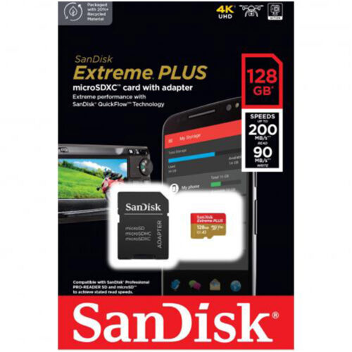 Card de memorie SanDisk Extreme Plus, 128GB, Clasa 10, UHS-I U3, V30, A2 +, Adaptor SD, SDSQXBD-128G-GN6MA