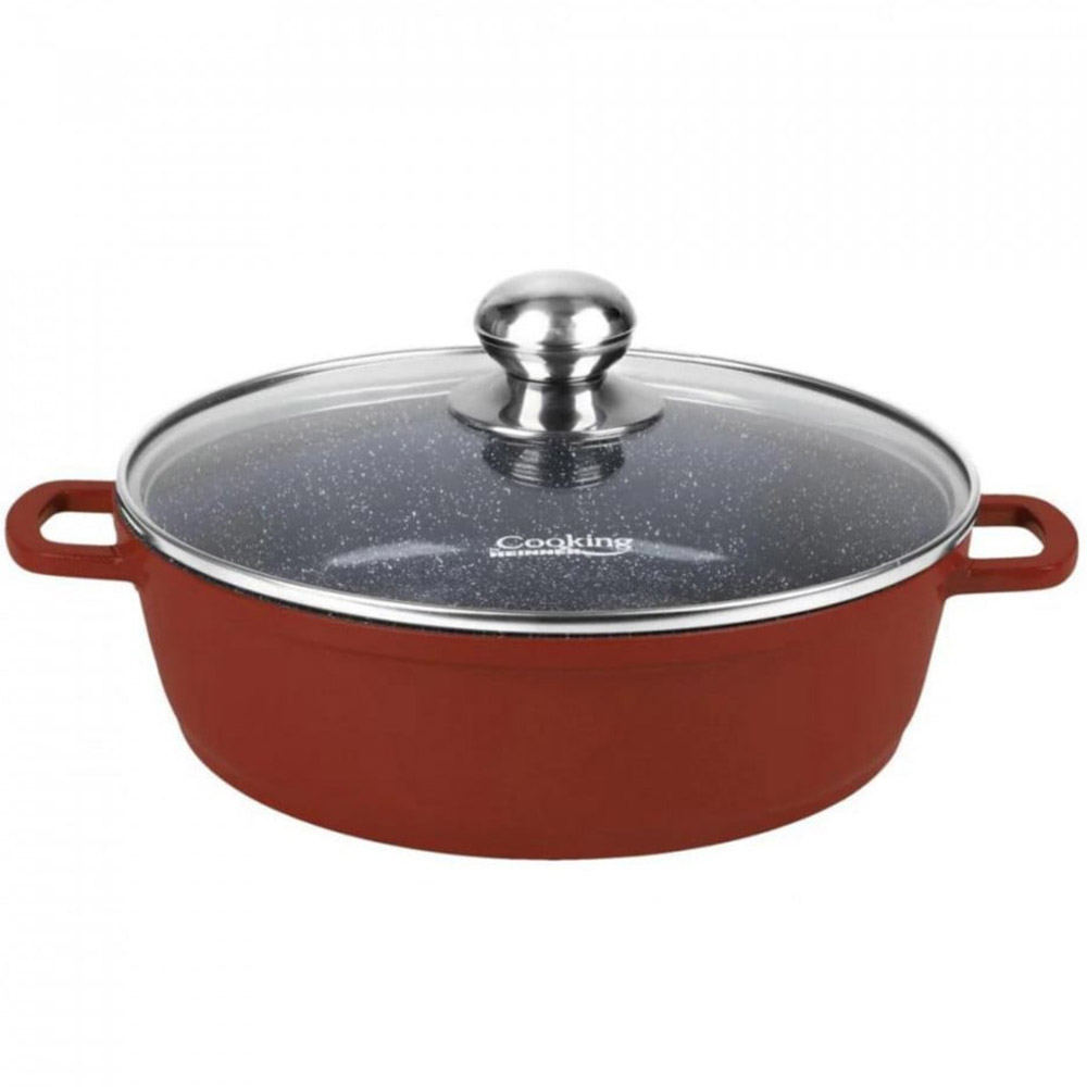 Cratita aluminiu turnat cu capac din sticla Heinner , 4.1 l, 28x7.5 cm, Interior ceramic, HR-JLG-J28JCR