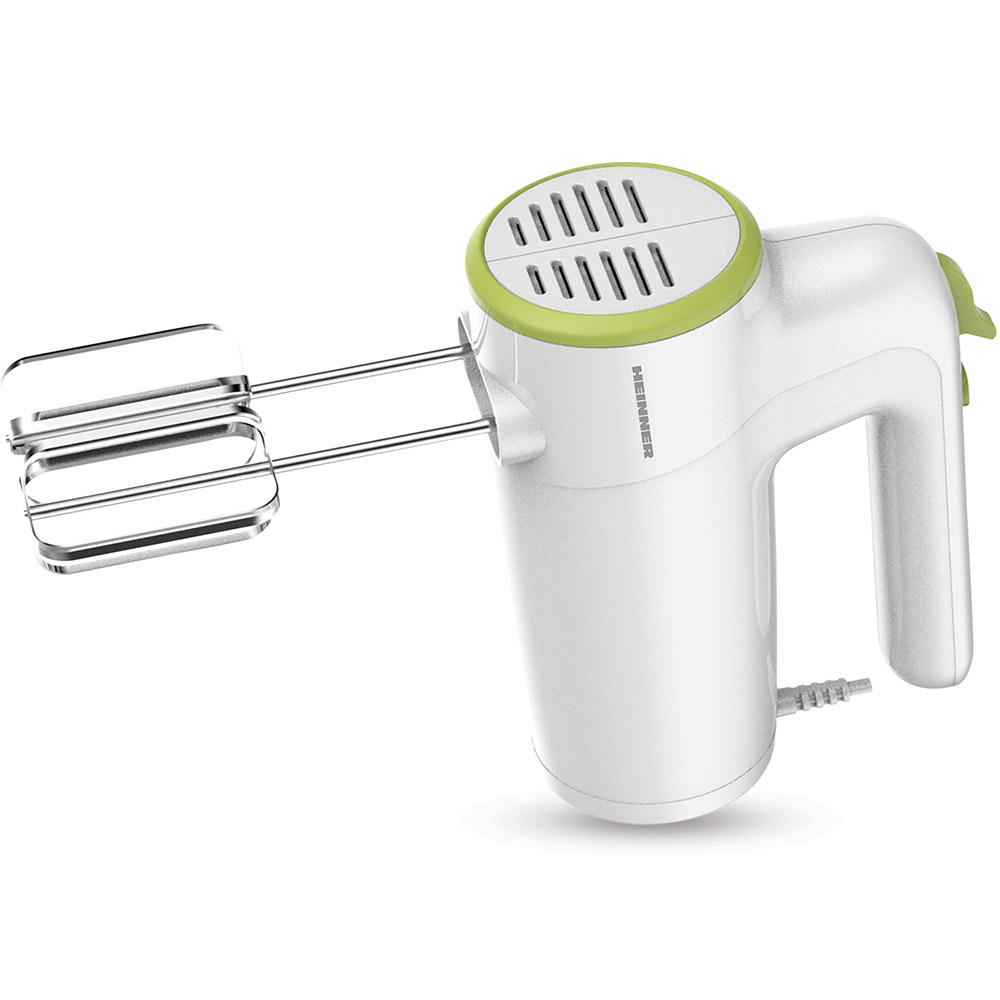 Mixer de mana Heinner HM-300GR, 300W, 6 viteze + Turbo, Teluri si carlige din inox, Alb Verde