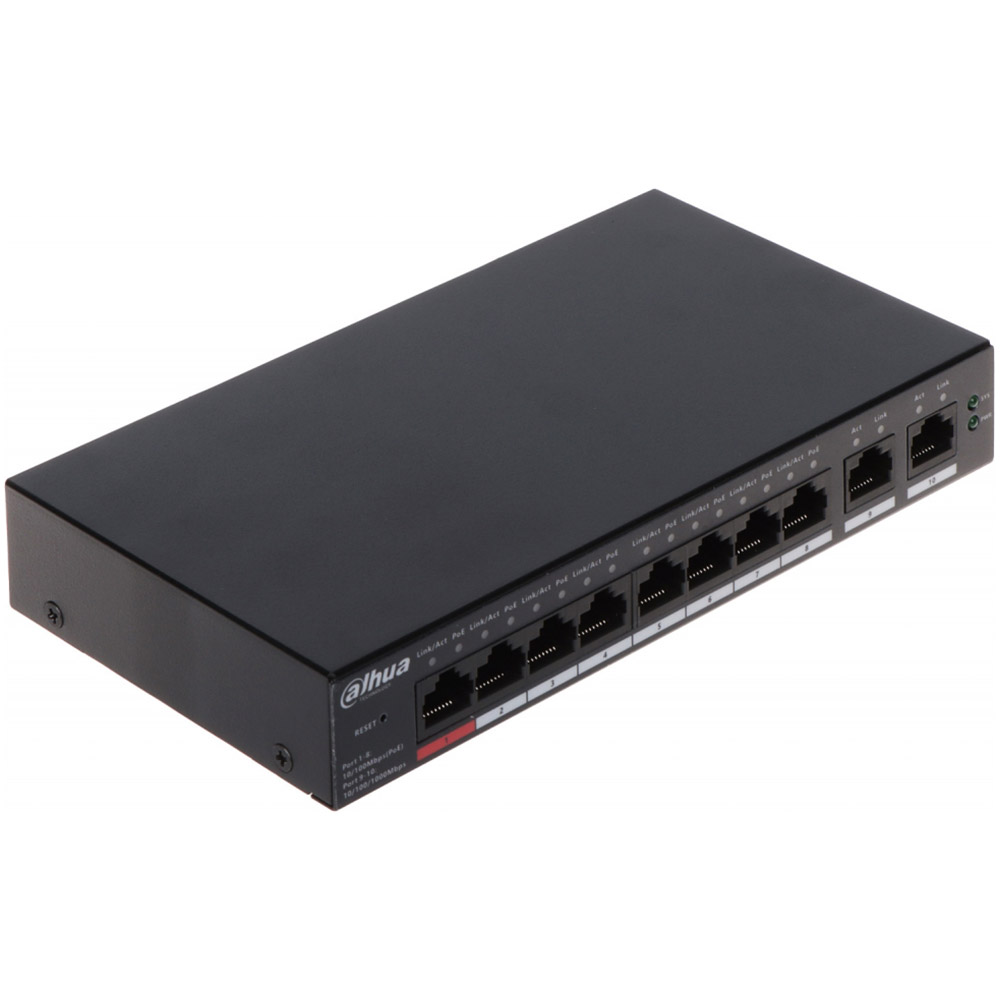 Switch Dahua POE CS4010-8GT-110, 10 porturi, 8 × RJ-45 10/100/1000 Mbps, 2 × RJ-45 10/100/1000 Mbps