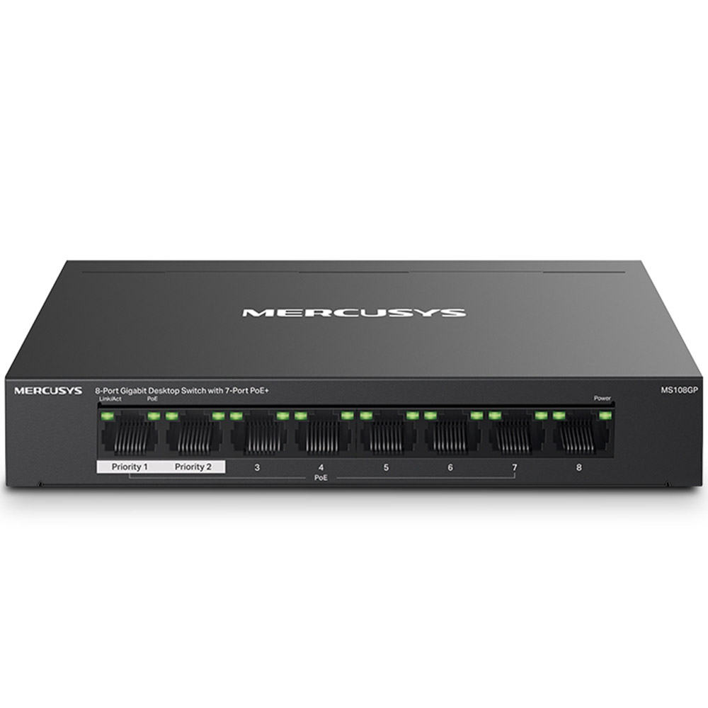 Switch Mercusys MS108GP, 8 porturi Gigabit, Negru