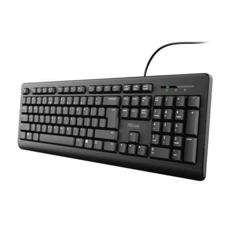 Trust Primo Full-size keyboard silent  General Full Size keyboard yes Ergonomic design no Key technology membrane Height of main product (in mm) 30 mm Width of main product (in mm) 449 mm Depth of main product (in mm) 148 mm Total weight 488 g Weight of main unit 464 g Features Spill-proof yes
