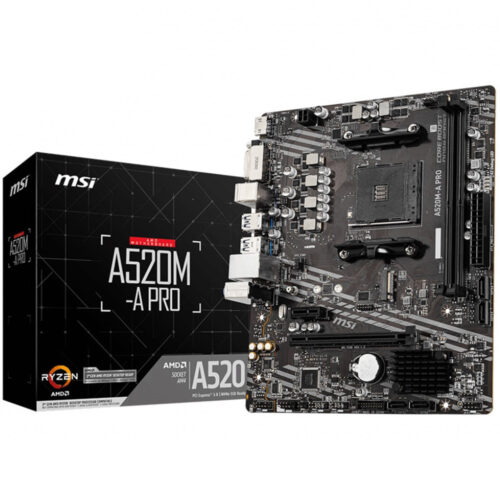 Placa de baza MSI Socket AM4 A520M-A PRO 911-7C96-001 / 4719072749927  SPECIFICATIONS Model Name A520M-A PRO CPU Support Support 3rd Gen AMD Ryzen™  Desktop Processors and AMD Ryzen™  4000 G-Series Desktop Processors CPU Socket AMD Socket AM4 Chipset AMD A520 Chipset Graphics Interface 1x PCI-E 3.0