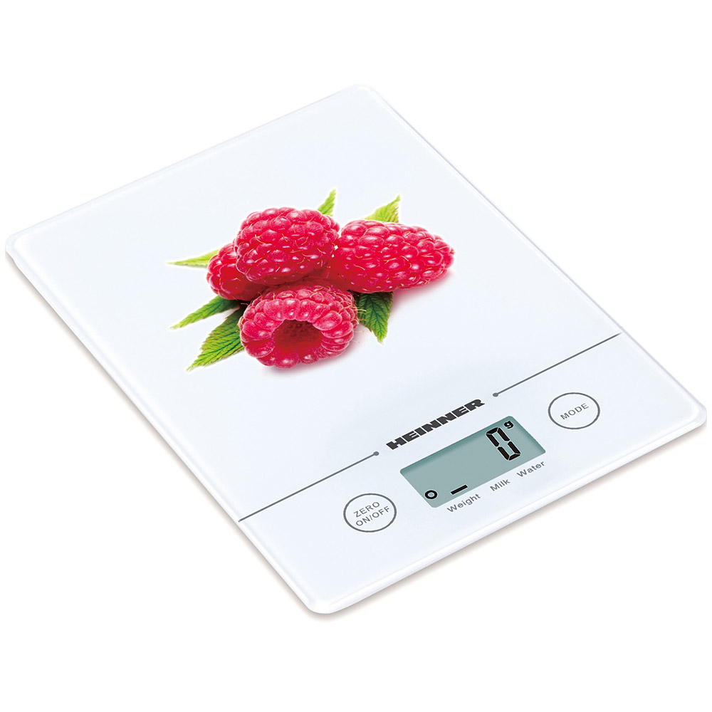 Cantar de bucatarie Heinner Raspberry HKS-5-RSB, 5 kg, sticla securizata, control touch cu display LCD, functie tara, gradare 1 g, baterie inclusa, alb