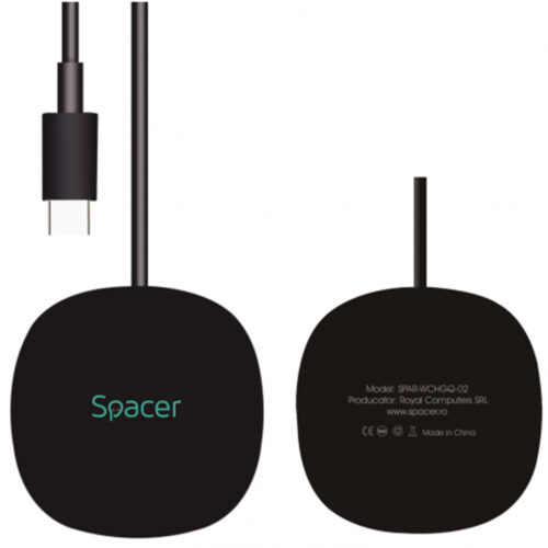 Incarcator Wireless Spacer 2 in 1 SPAR-WCHGQ-02, USB C, 15W, Negru