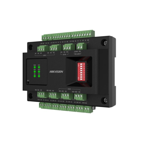 Door control modul Hikvision DS-K2M002X:  -Supports 2 door control. It can connect with access controller via RS-485 -Connects with card reader via RS-485 (OSDP) or Wiegand -Installs with guide rail -Supports battery charging and discharging -Supports indicators for indicating power status