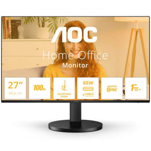 Monitor LED Aoc, 27 inch, 2K, QHD, 100Hz, 1ms, HDMI, USB C, FlickerFree, Low Blue, Speakers, USB hub, Negru, Q27B3CF2