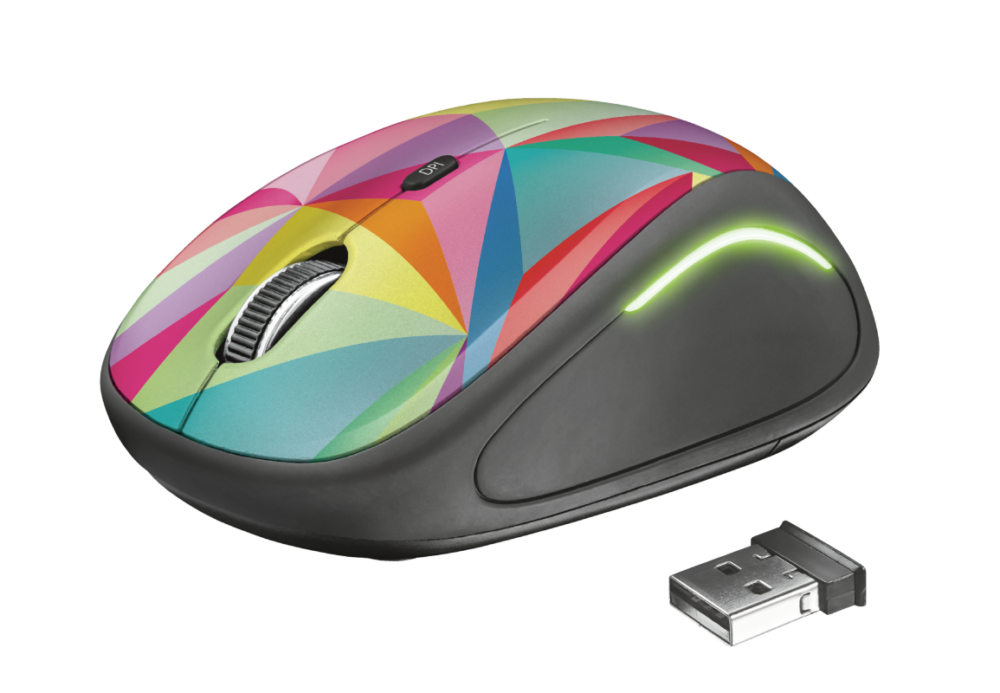Mouse fara fir Trust Yvi FX Wireless Mouse - multicolor  Specifications General Height of main product (in mm) 95 mm Width of main product (in mm) 57 mm Depth of main product (in mm) 40 mm Total weight 84 g Formfactor compact Ergonomic design no  Connectivity Connection type wireless Bluetooth no