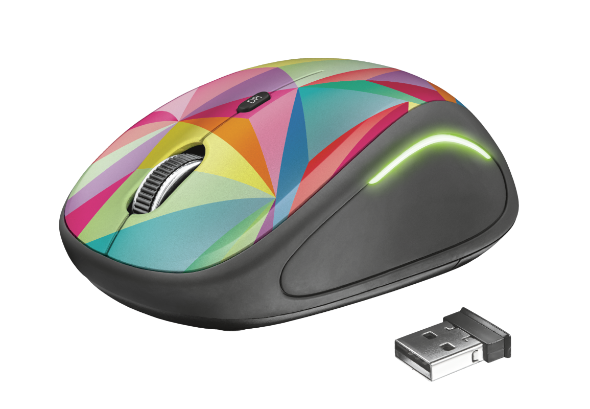 Mouse fara fir Trust Yvi FX Wireless Mouse - multicolor  Specifications General Height of main product (in mm) 95 mm Width of main product (in mm) 57 mm Depth of main product (in mm) 40 mm Total weight 84 g Formfactor compact Ergonomic design no  Connectivity Connection type wireless Bluetooth no