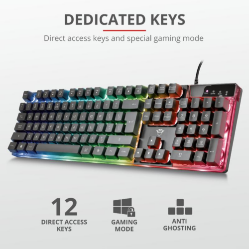 Tastatura Trust GXT 835 Azor Illuminated Gaming Keyboard  Specifications General Key technology membrane Height of main product (in mm) 40 mm Width of main product (in mm) 438 mm Depth of main product (in mm) 125 mm Total weight 621 g Weight of main unit 589 g Full Size keyboard yes Ergonomic design