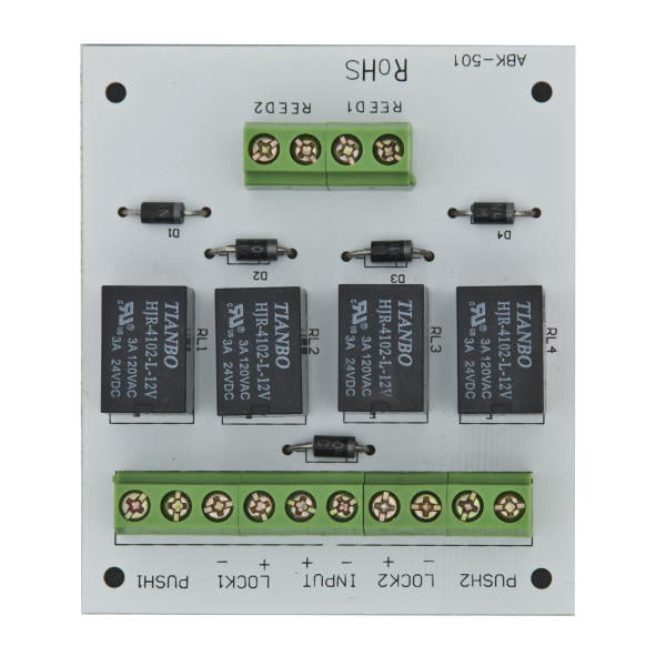 Modul electronic pentru doua usi cu incuietori tip fail-safe cu monitorizare sau buton.