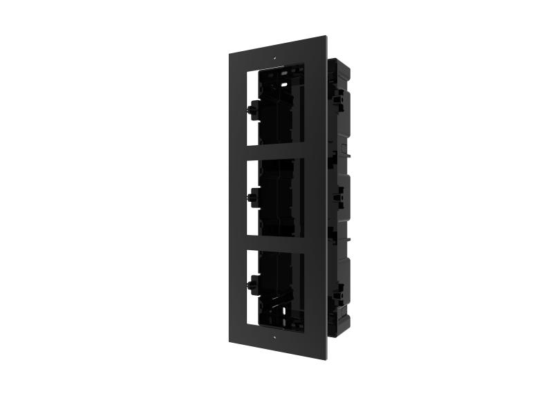 Panou frontal pentru 3 module videointerfon modular Hikvision DS-KD- ACF3; permite conectarea a 3 module de videointerfon modular; montareincastrata; material aluminiu