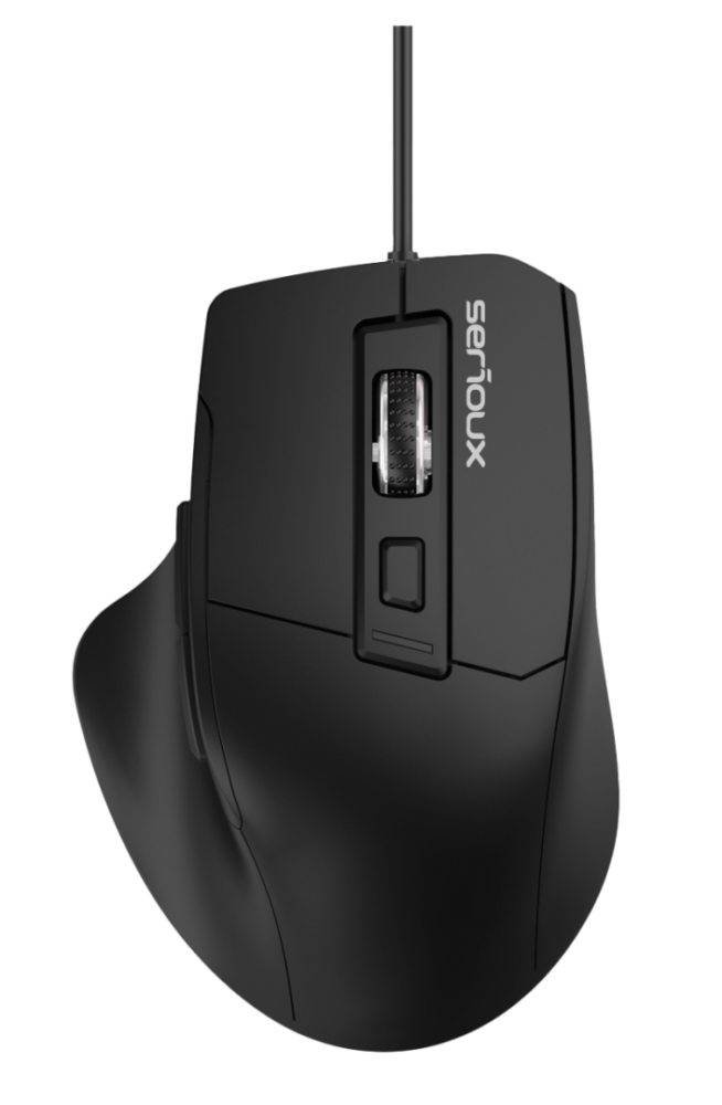 MOUSE SERIOUX SRXM-OPM168 Mouse optic cu fir USB 6D Culoare neagră Design ERGO Complet negru cu capac superior din cauciuc 6 butoane DPI: 1200-1800-2400-3600DPI Cablu PVC negru de 1