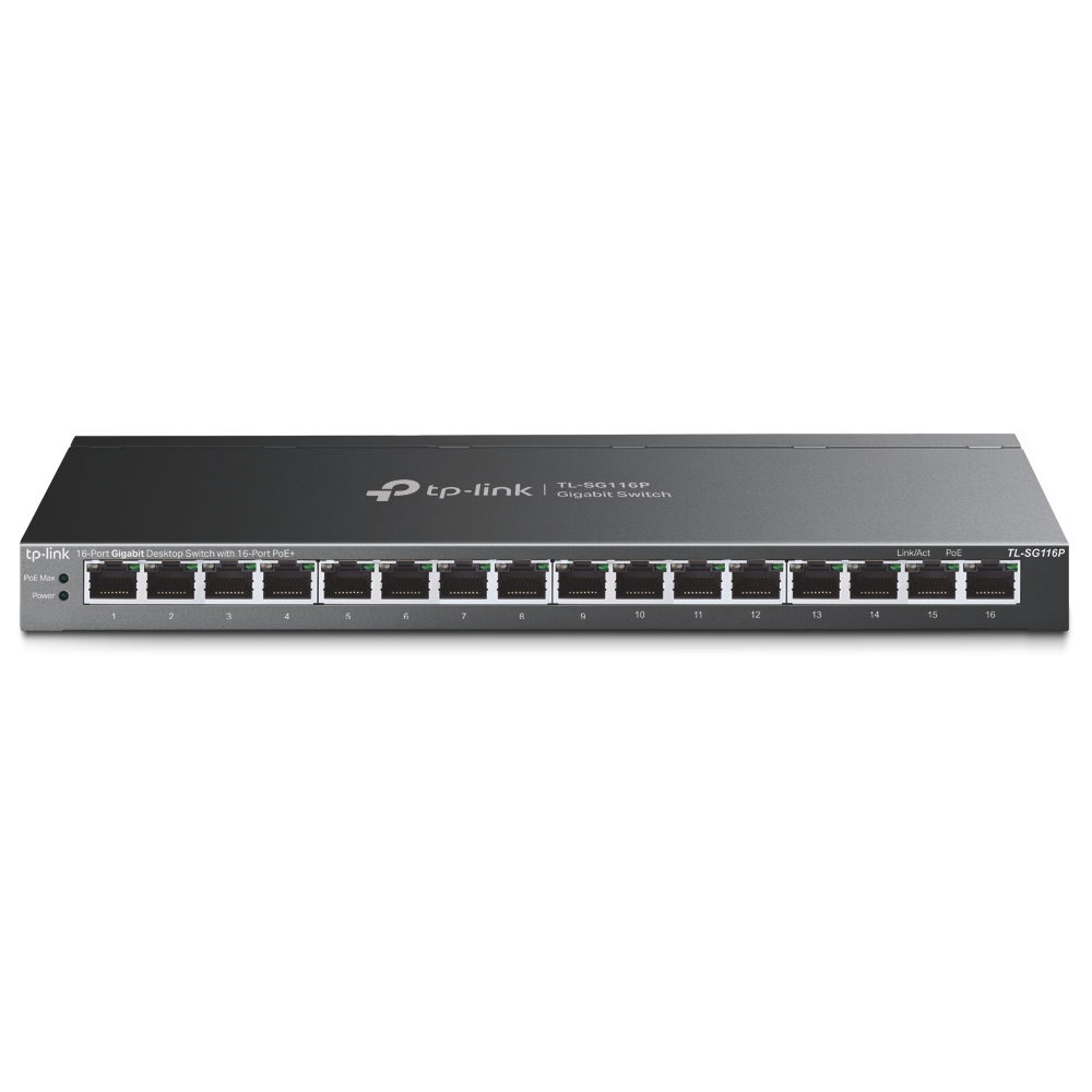 "16-Port Gigabit Desktop Switch with 16-Port PoE+ PORT: 16× Gigabit PoE+ Ports SPEC: 802.3at/af