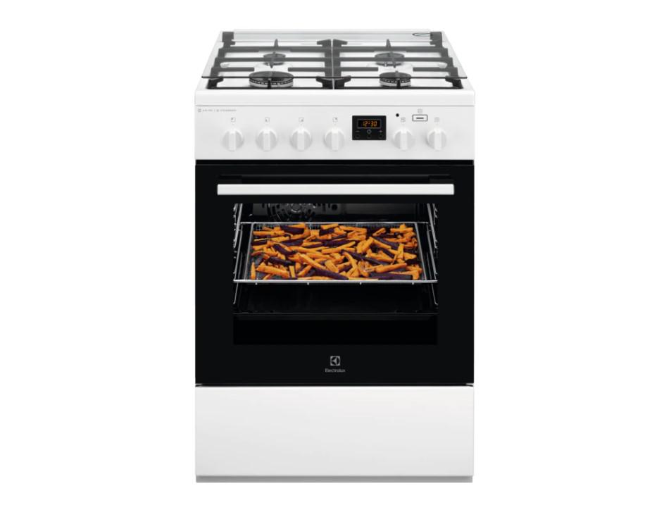 60x60 cm; Mixt; 4 arzatoare gaz; Gratare fonta; Cuptor electric multifunctional (11 functii); Plus Steam -gatire cu abur; AirFry; Siguranta plita;  Timer cu display electronic; Aprindere integrata; Iluminare cuptor; Grill electric; Usa cu 2 straturi de geam detasabile; 1 tava emailata+1 tava AirFry