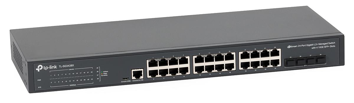 "JetStream™ 24-Port Gigabit L2+ Managed Switch with 4 10GE SFP+ Slots PORT: 24× Gigabit RJ45 Ports
