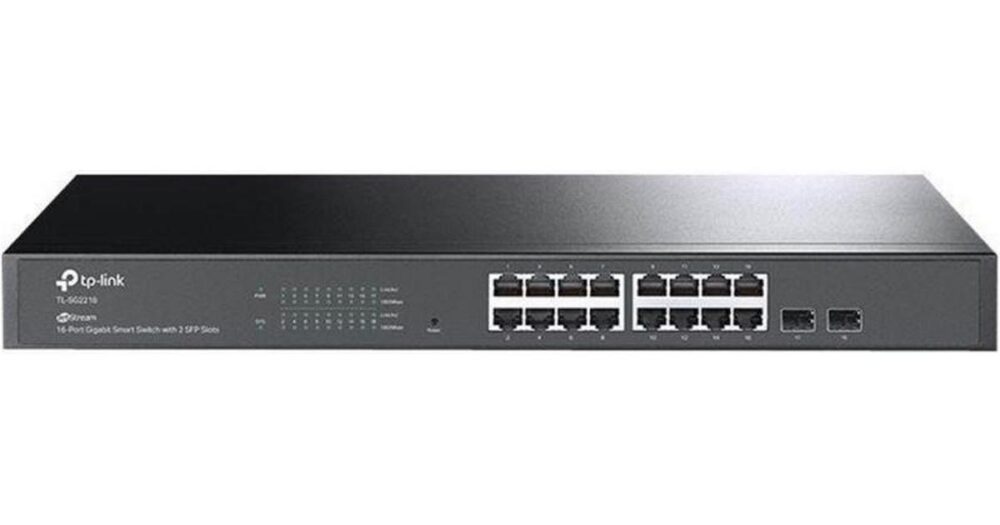 "JetStream™ 16-Port Gigabit Smart Switch with 2 Gigabit SFP Slots PORT: 16× Gigabit RJ45 Ports