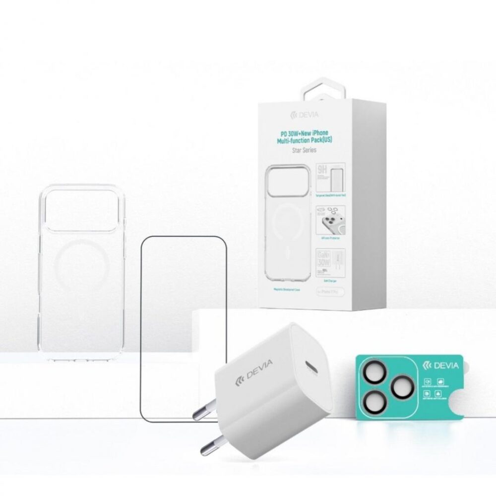 Devia Set 4 in 1 iPhone 17 Pro Max Incarcator retea GaN PD 30W + husa silicon Magsafe + folie sticla Military-Grade cu aplicator + folie sticla camera