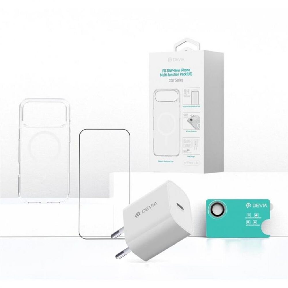 Devia Set 4 in 1 iPhone Air Incarcator retea GaN PD 30W + husa silicon Magsafe + folie sticla Military-Grade cu aplicator + folie sticla camera