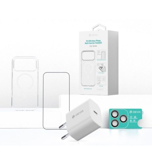 Devia Set 4 in 1 iPhone 17 Pro Incarcator retea GaN PD 30W + husa silicon Magsafe + folie sticla Military-Grade cu aplicator + folie  sticla camera