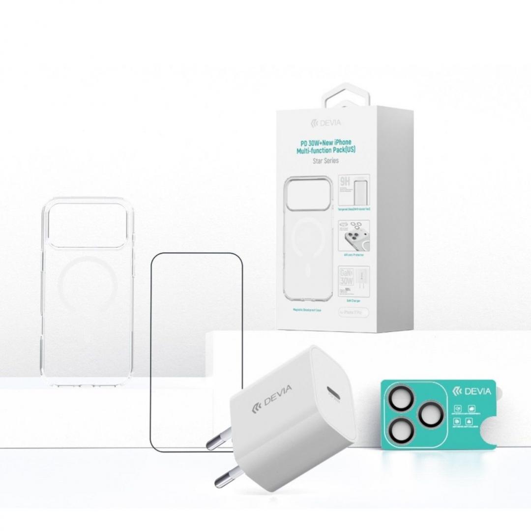 Devia Set 4 in 1 iPhone 17 Pro Incarcator retea GaN PD 30W + husa silicon Magsafe + folie sticla Military-Grade cu aplicator + folie  sticla camera